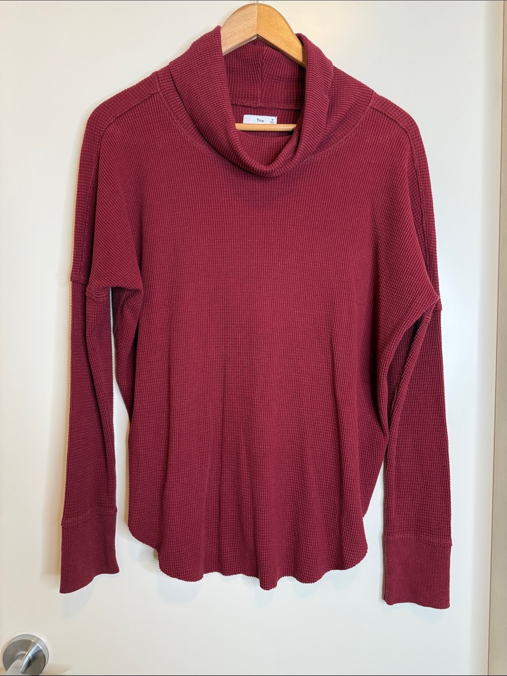 TNA Waffle Cowl Neck Long Sleeve Top in Wine Burgundy